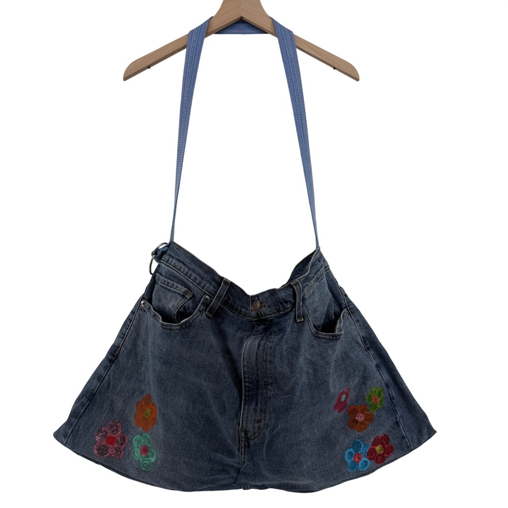 Handmade Levi's Denim Shoulder Bag OOAK Rework Jeans Purse Floral Boho Large 26"